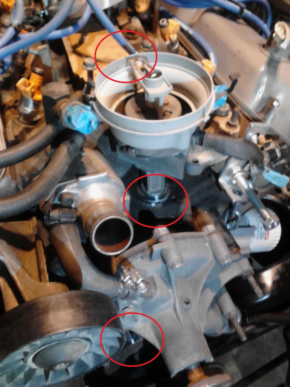 Engine distributor cap and rotor with red circles highlighting components