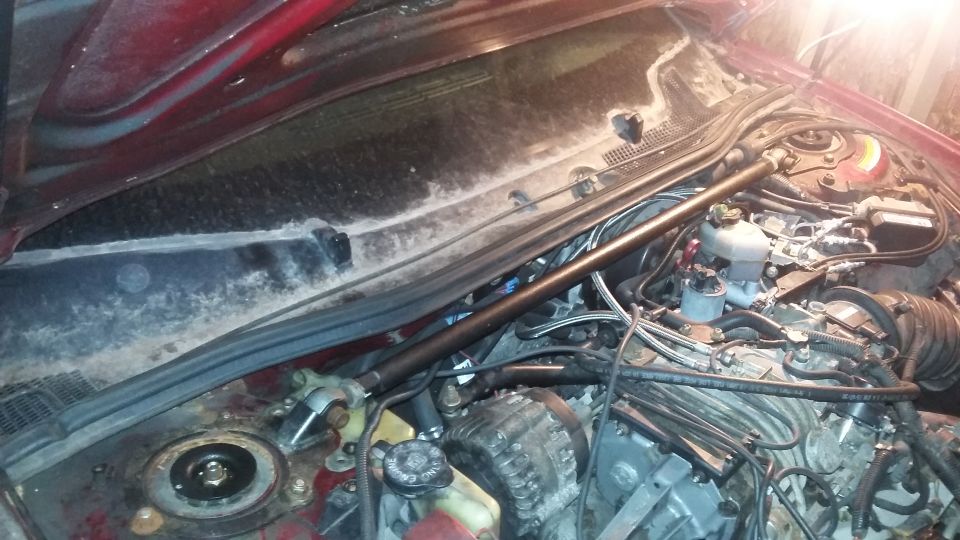 Engine bay with various hoses, wires, and engine components visible