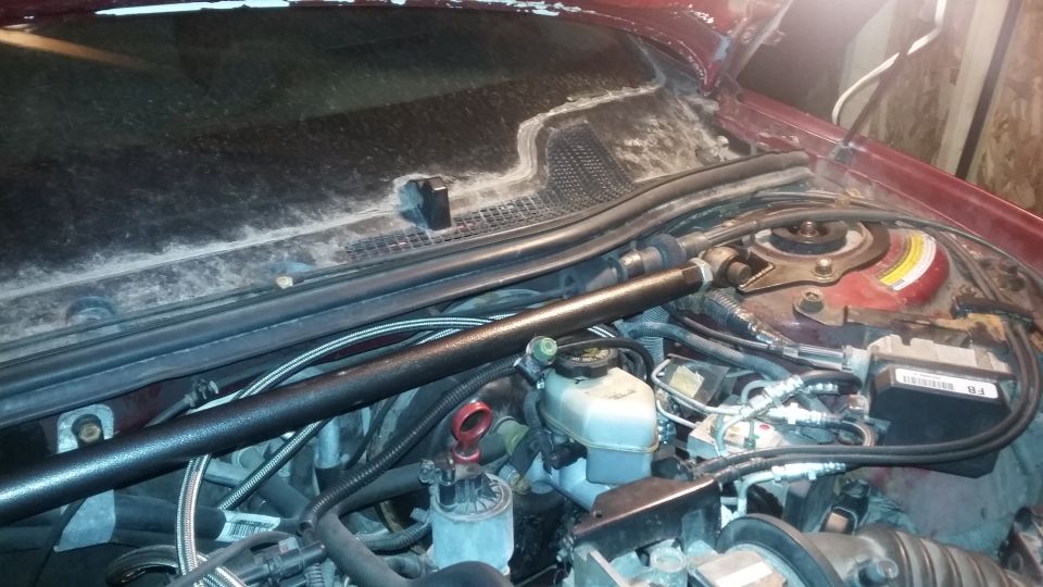 Red car engine bay with a black strut bar across the top and various hoses and components visible