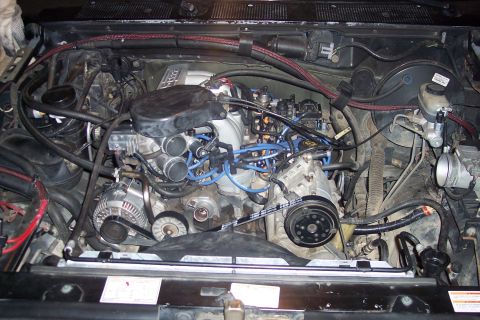 1995 Ford Bronco - View of the engine bay, a V8 engine, alternator, and air conditioning compressor.