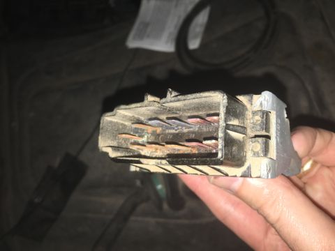 1980 Ford Bronco - A close-up view of a dusty electrical connector with multiple metal terminals. The connector is being held by a hand with a ring on the fin…