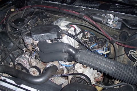 1995 Ford Bronco - The engine bay of a 1995 Ford Bronco is shown, featuring the intake manifold, air intake system, alternator, and various hoses and wiring.