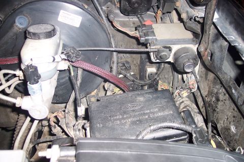 1995 Ford Bronco - A close-up view of the engine bay of a 1995 Ford Bronco, focusing on the brake master cylinder, ABS module, and fuse box.