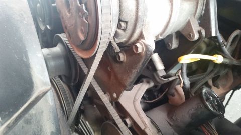 1985 Ford Bronco - A close-up view of a vehicle's engine bay, focusing on the serpentine belt system and a portion of the air conditioning compressor. The bel…