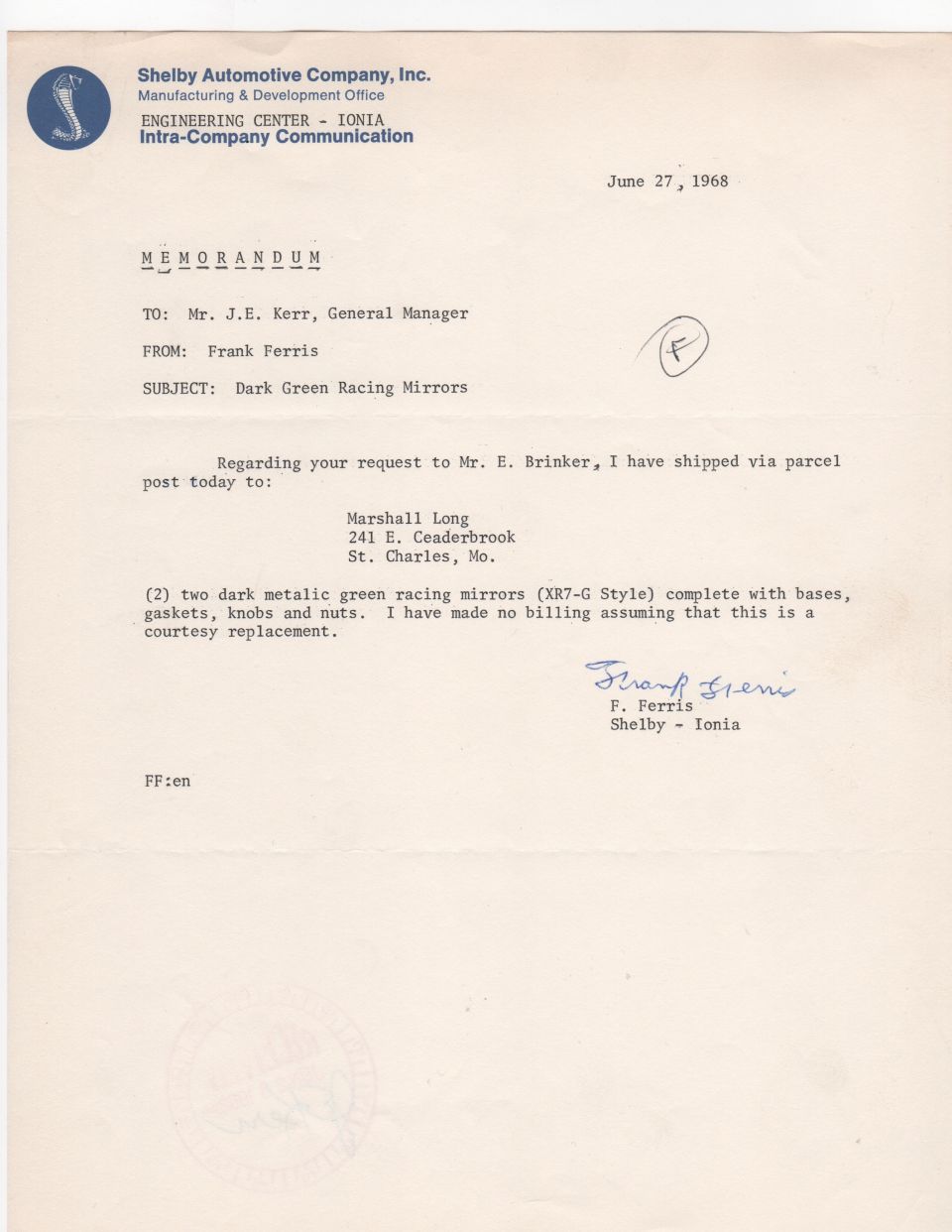 Memorandum from Shelby Automotive Company, Inc. dated June 27, 1968 about shipping racing mirrors.