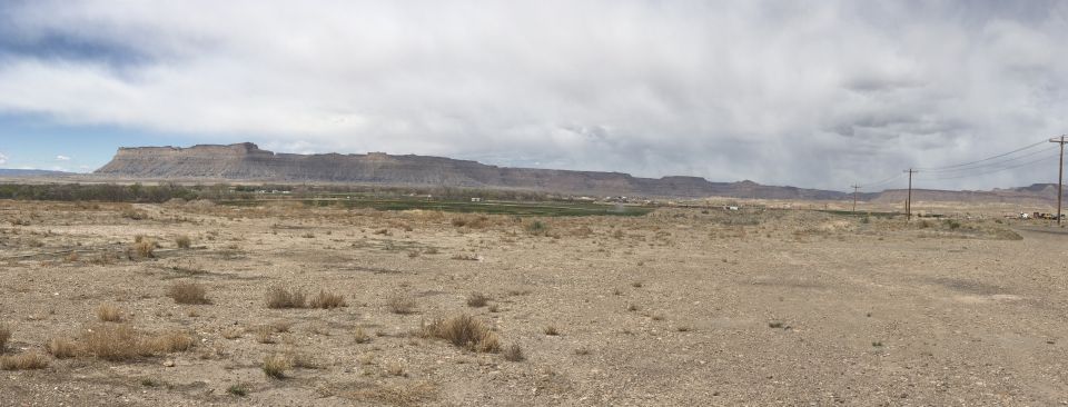 Arid landscape with a mesa in the distance under a cloudy sky.
