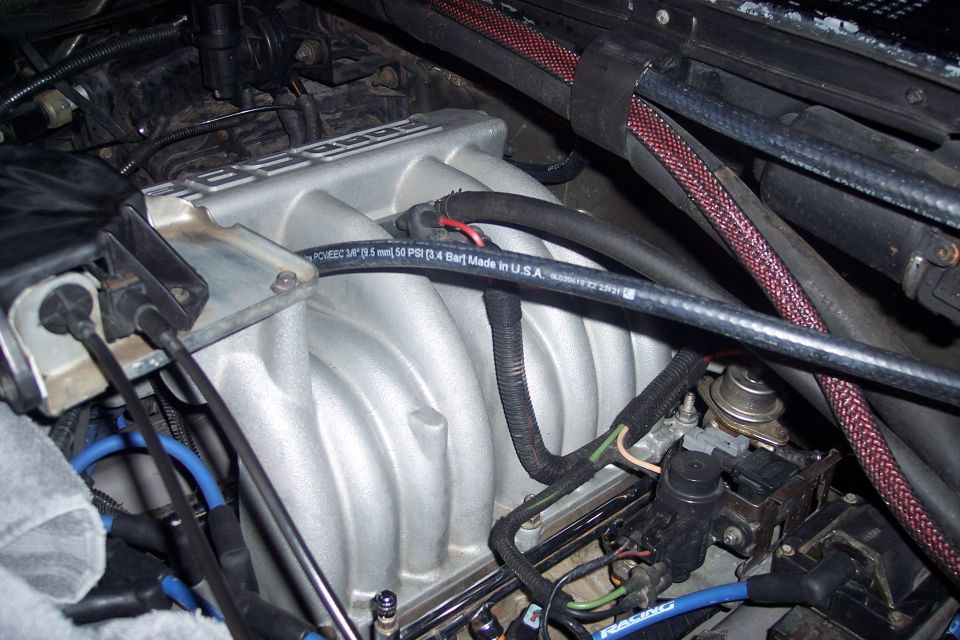 1995 Ford Bronco engine bay, intake manifold, hoses, wiring