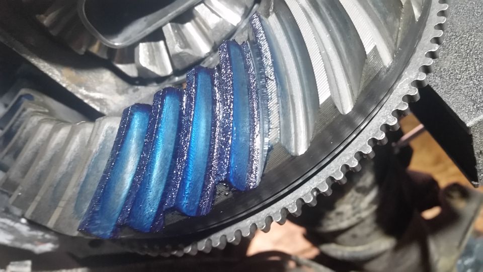The "coast" pattern is only half the battle.  We need to check the "drive" side of the gear as well. 

Again, the lighting makes it difficult to tell, but the pattern here is satisfactory as well.  This gearset will not make any noise when running under load or under coasting conditions.

It is important to check the pattern in more than one spot.  I usually choose 3 equally spaced parts of the ring gear.  This will show any problems with runout.

Runout can also be checked on the back side of the gear with a dial indicator, but this is not always that accurate since the gear face can be flatter than indicated by any runout indicated on the back side.