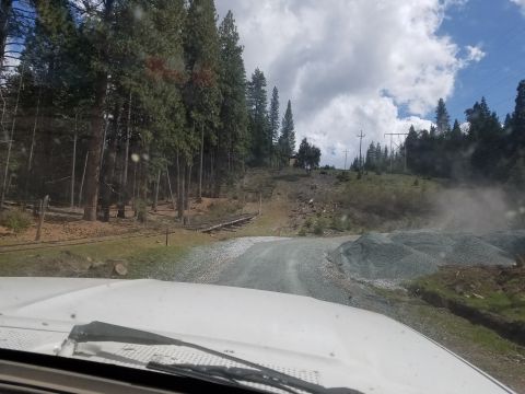 1968 Ford Bronco - The hood and windshield wipers of a white vehicle are visible in the foreground, looking out onto a dusty, gravel road leading through a fo…