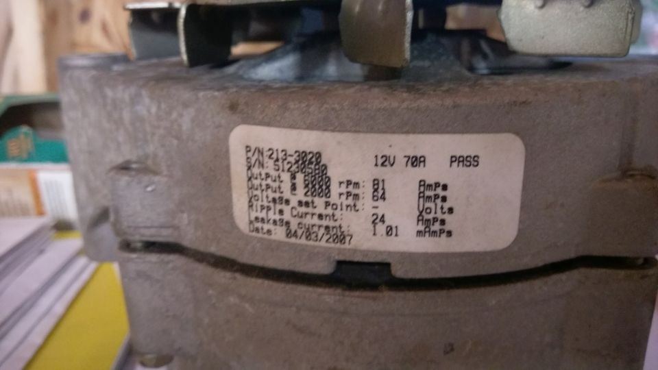 Alternator label showing P/N 213-3020, 12V 70A, dated 04/03/2007