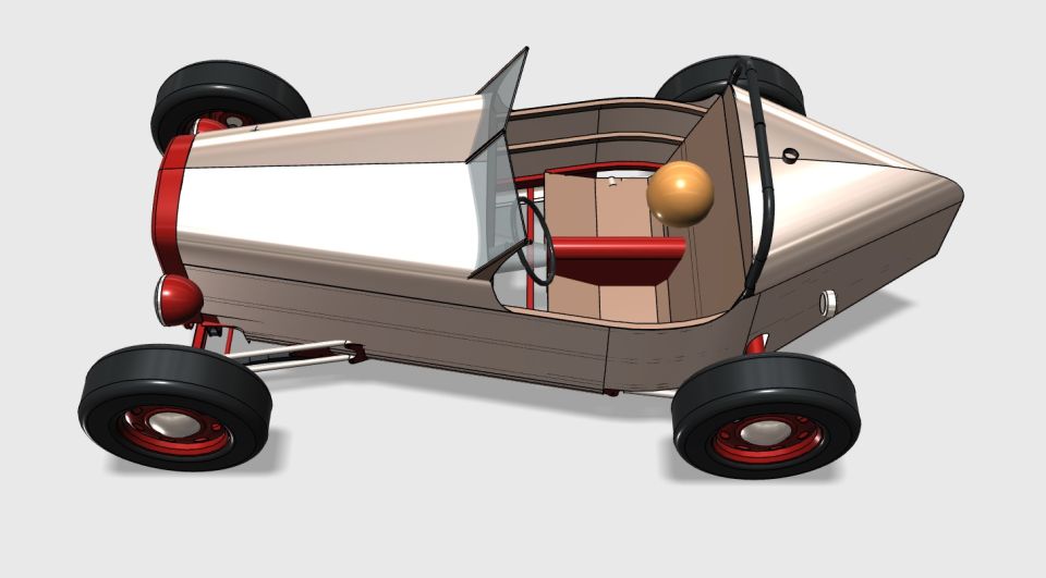 Digital rendering of a vintage open-wheel race car with a tan body and red accents