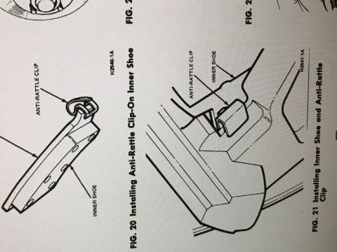 1980 Ford Bronco - This document shows diagrams for installing an anti-rattle clip onto an inner shoe. Figure 20 illustrates the clip and shoe separately, whi…