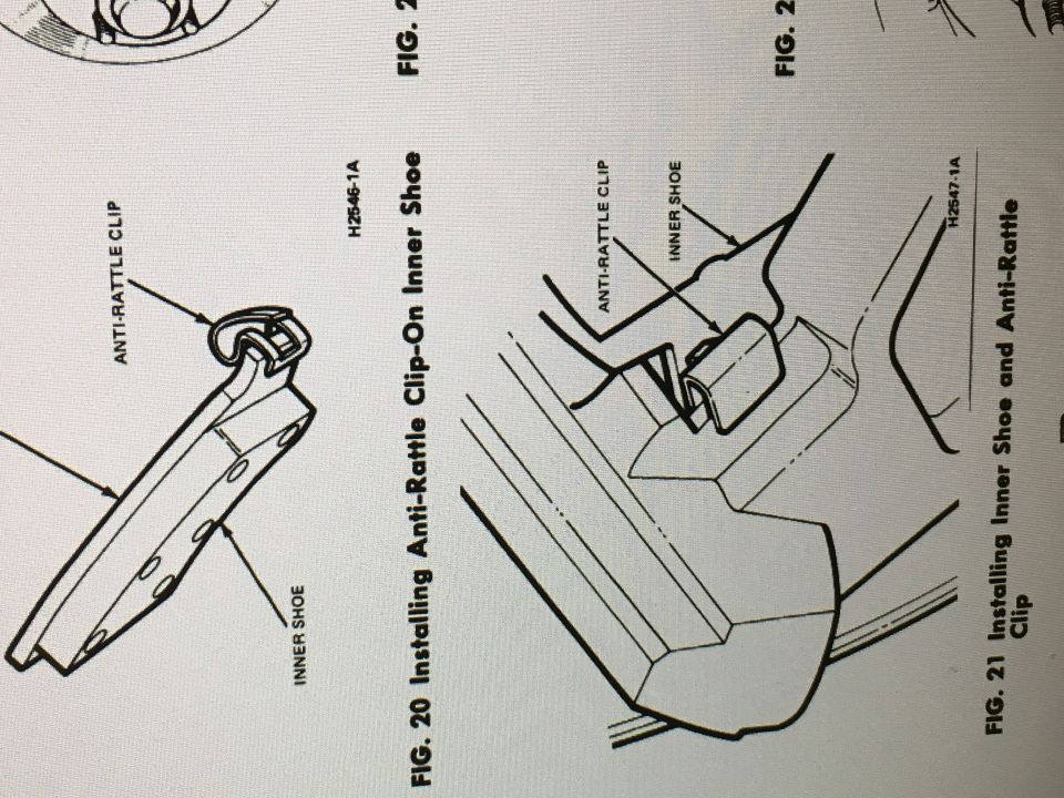 Ford manual figures 20 and 21 installing the anti-rattle clip on the brake inner shoe