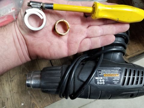 1995 Ford F-150 - I curved the PTFE strip cold by hand enough to fit into the hose clamp, then heated it to tighten the curve, and chilled it to set it. Then…