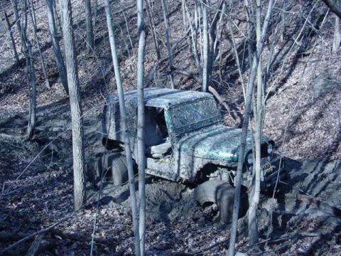 1992 Ford Bronco - This vehicle appears to be stuck deep in the mud and woods, with its tires sunk low.