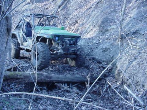 1992 Ford Bronco - This off-road buggy navigates a challenging, wooded terrain with steep inclines and fallen logs.