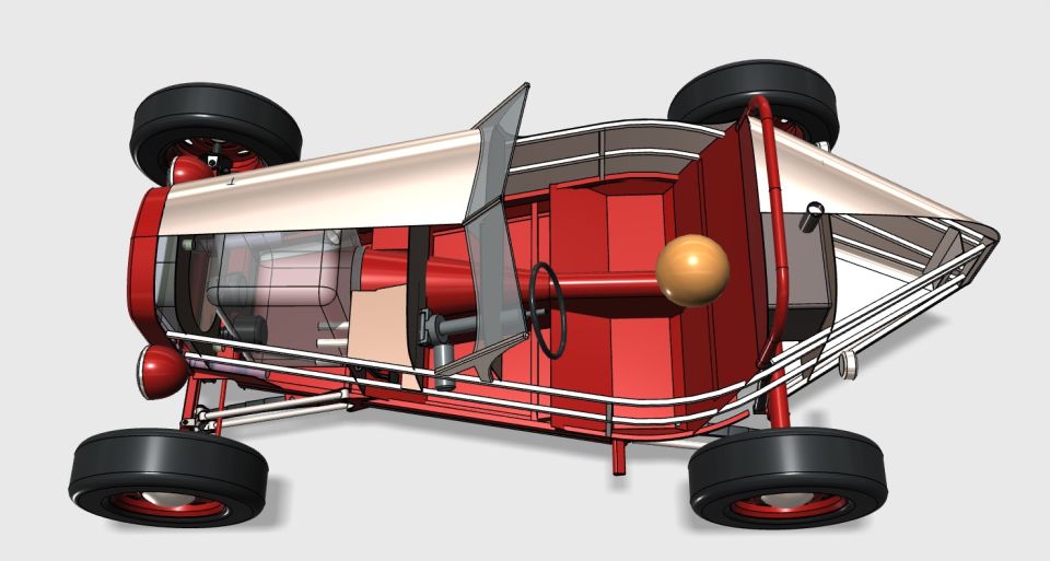 3D rendering of a vintage open-top race car, red and cream body, interior view.