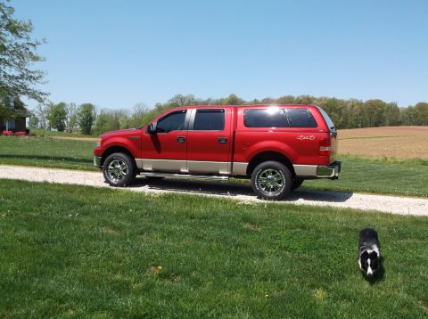 2008 Ford F-150 - Side view of a red Ford F-150 pickup truck with a cap, parked outdoors on a sunny day.