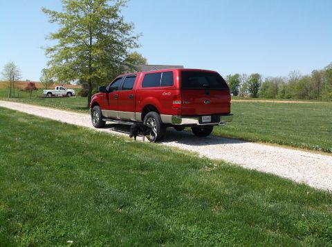 2008 Ford F-150 - A red pickup truck with a camper shell is parked on a gravel driveway next to a grassy field.