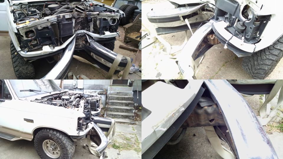 White Ford Bronco with front end disassembled, exposed engine bay and removed chrome bumper parts in driveway