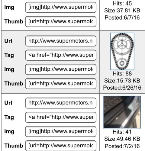 1995 Ford Bronco - Website screenshot of SuperMotors gallery sharing-link fields (Img, Thumb, Url, Tag) with hit counts and file sizes.