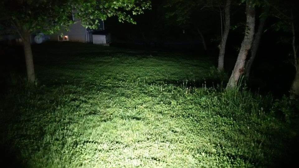 Night scene of a grassy lawn with trees and a house, illuminated by bright lights