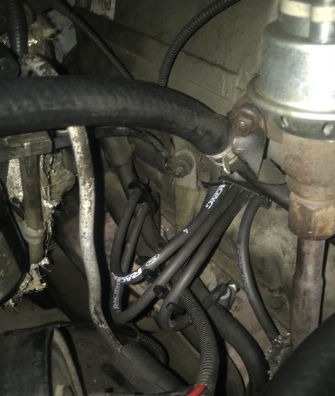 1995 Ford Bronco - Close-up of the engine bay in a 1995 Ford Bronco, showing the spark plug wires.