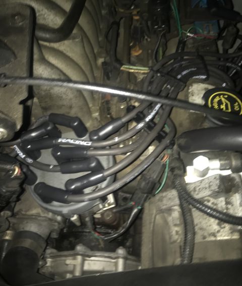 1995 Ford Bronco - Close-up view of an engine's ignition system, including the distributor and spark plug wires.