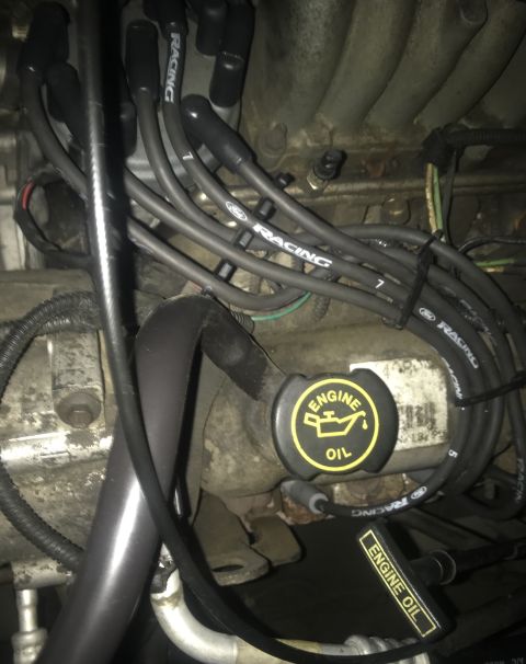 1995 Ford Bronco - Close-up of engine components, including spark plug wires and the engine oil cap.