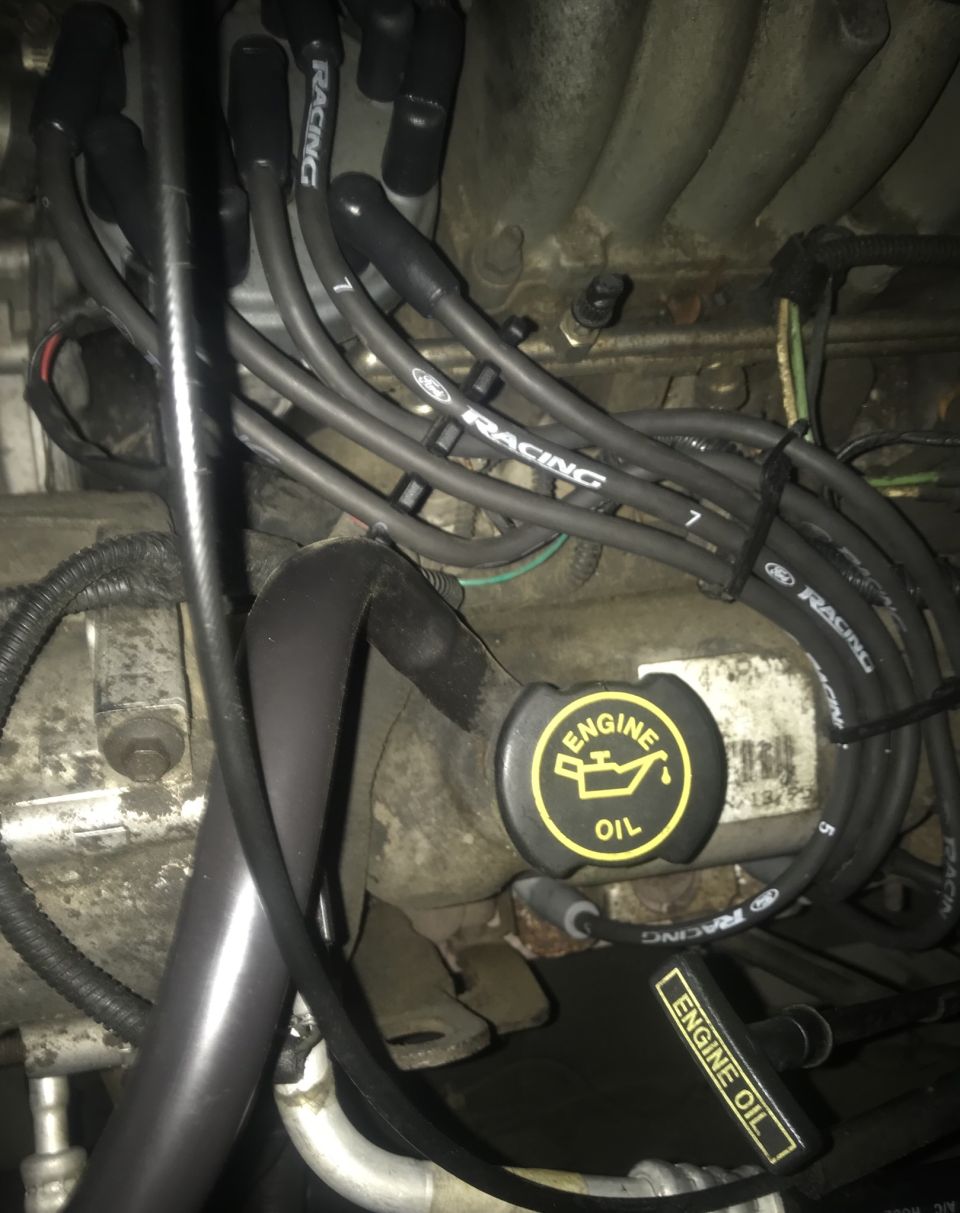 Engine bay showing spark plug wires labeled 'Ford Racing' and an 'Engine Oil' cap