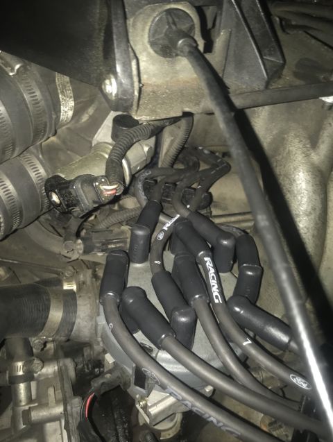 1995 Ford Bronco - Close-up view of engine spark plug wires, some with "RACING" and "FORD" branding visible.