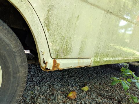 1971 Ford Ranchero - This image shows the side panel and wheel of a vehicle, heavily weathered with rust and moss, suggesting it is not a 1971 Ford Ranchero.