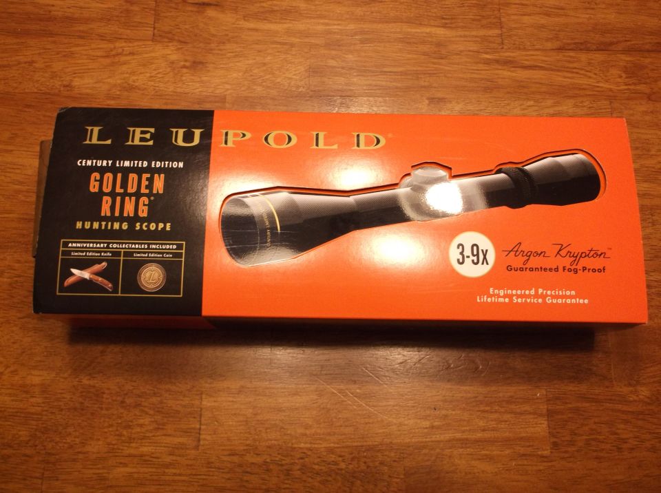 Leupold Golden Ring hunting scope box with a 3-9x magnification and Argon Krypton gas