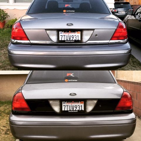 1989 Mazda MX-6 - This image shows a Ford Crown Victoria with its rear end prominently displayed, a comparison of its original look and one with a black acce…