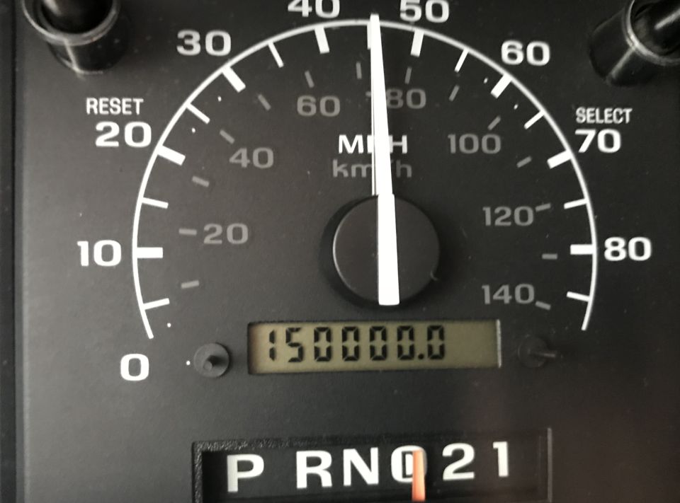 Speedometer showing 50 MPH, odometer reads 150000.0
