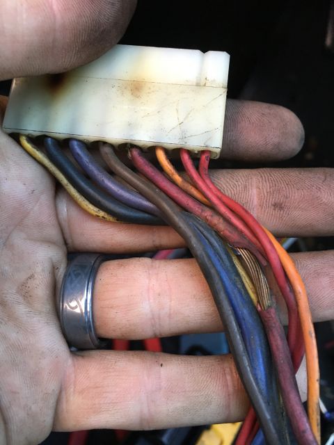 1971 Dodge Charger - A close-up view of a multi-pin electrical connector with various colored wires.