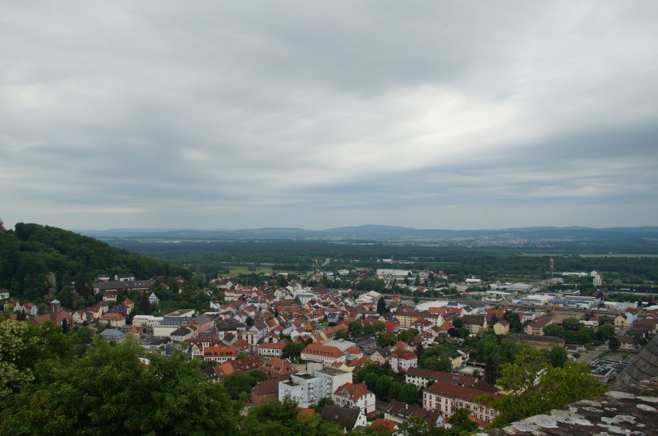 Overcast sky above a European town with red-tiled roofs and green hills