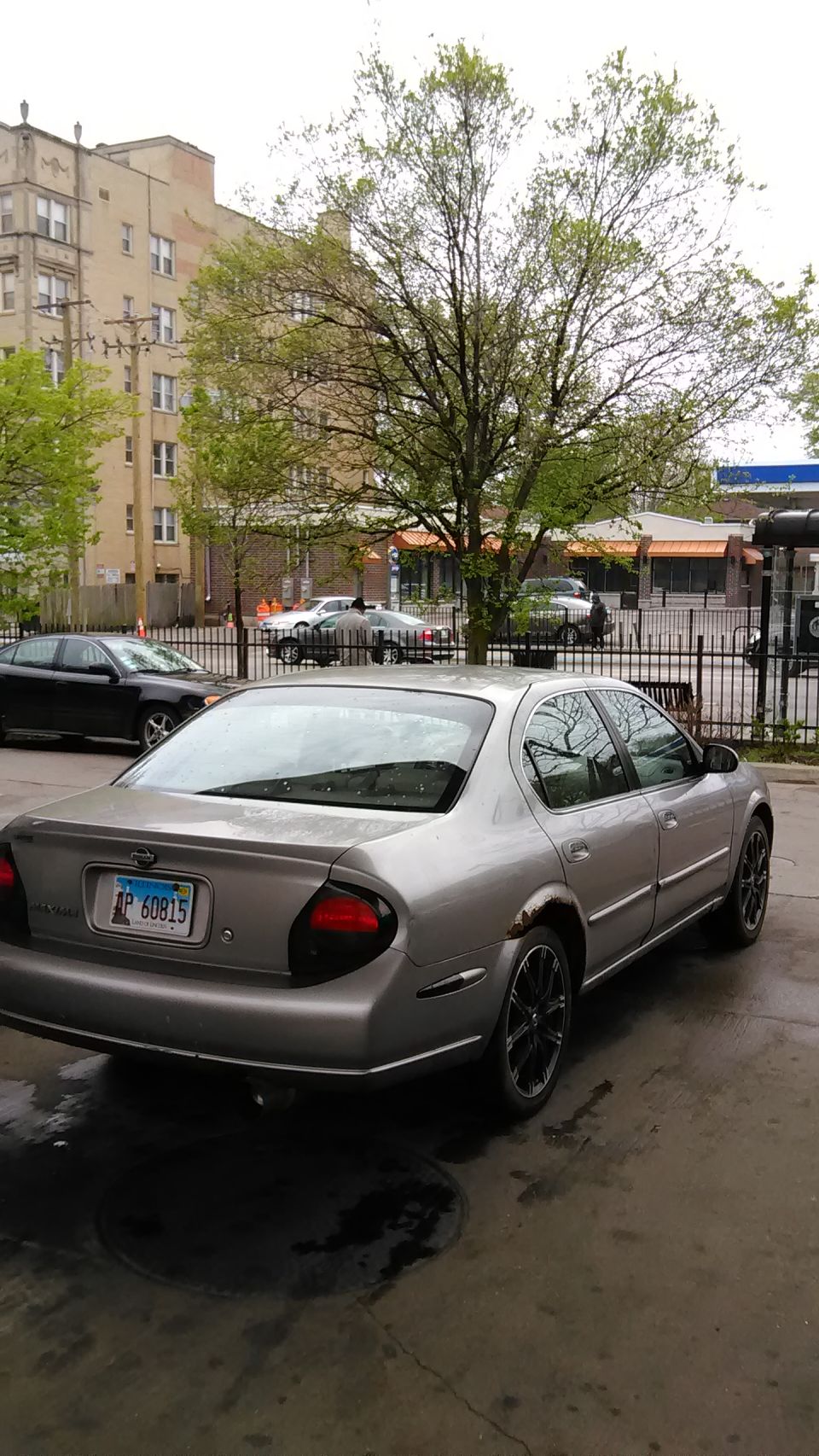 Rear view of a silver Nissan Maxima sedan with a license plate reading P 60815