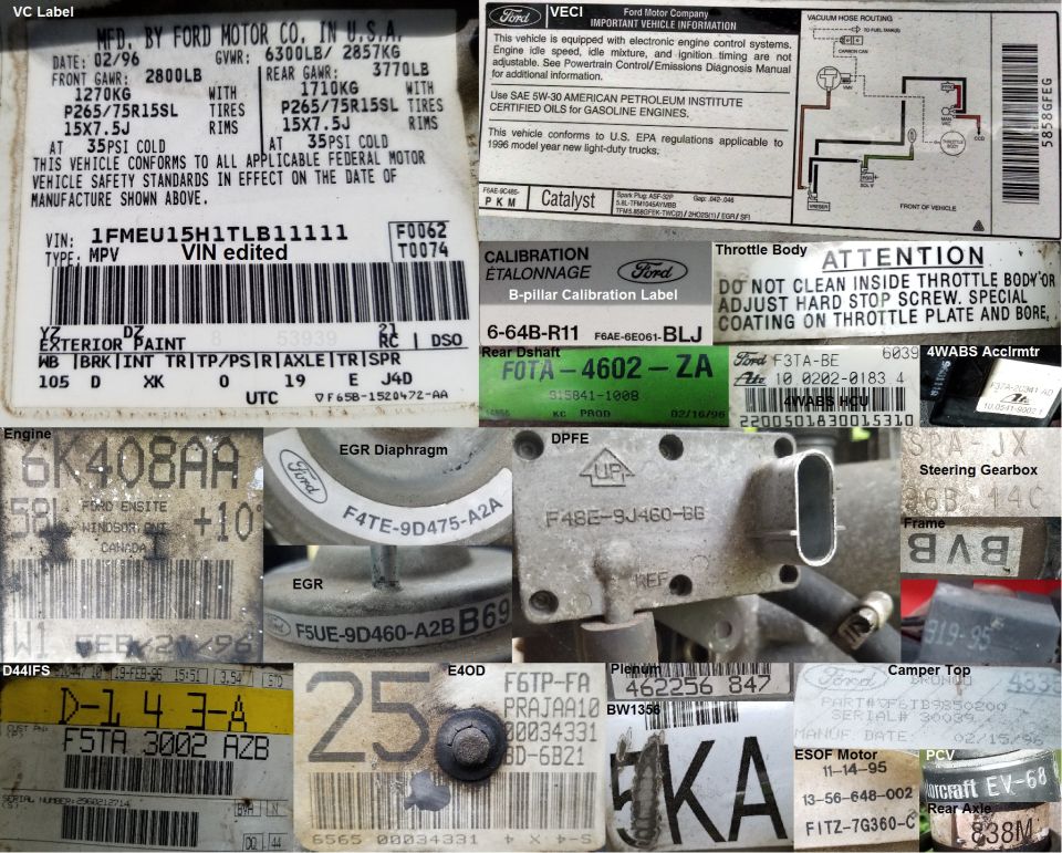 Collage of Ford VIN, calibration, and part-number labels and tags