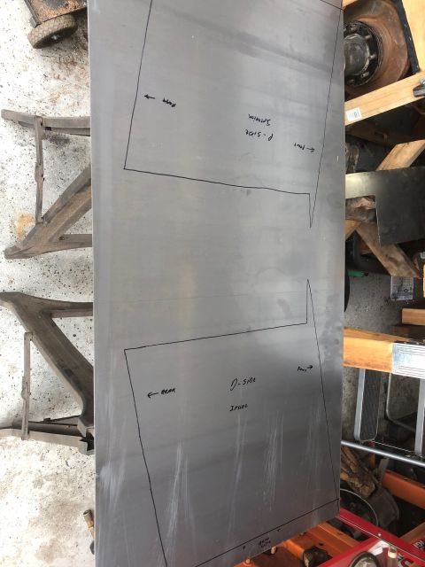 1992 Jeep Wrangler - A large sheet of metal with cut lines and handwritten labels is laid out on a workbench. The labels indicate "Rear", "Front", "P-Side Inter…