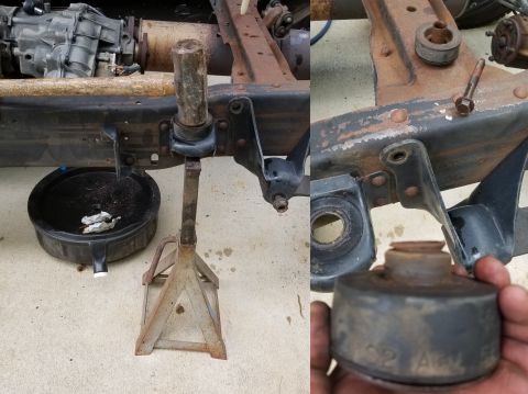 1996 Ford Bronco - I couldn't hammer this body mount sleeve apart, so I soaked it for a few days and then hammered it together. ...a little too hard, I guess.