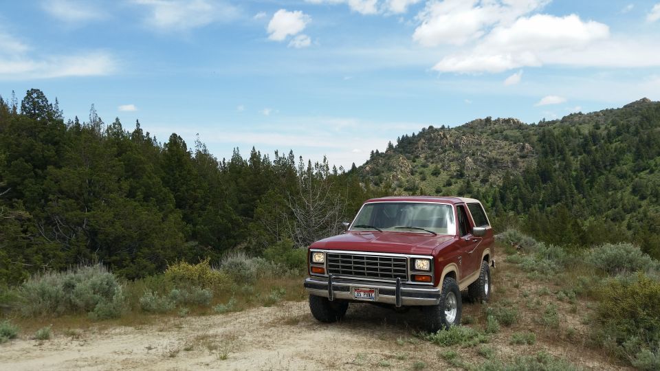 1985 Ford Bronco parked on a dirt road with trees and hills in the background.