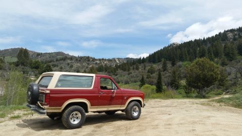 1985 Ford Bronco - A red and tan 1985 Ford Bronco is parked on a dirt road with a wooded hillside and mountains in the background under a partly cloudy sky.