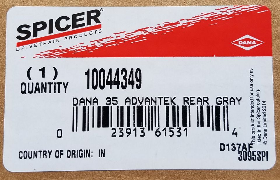 Spicer Dana part label, Dana 35 Advantek Rear Gray, part 10044349, barcode