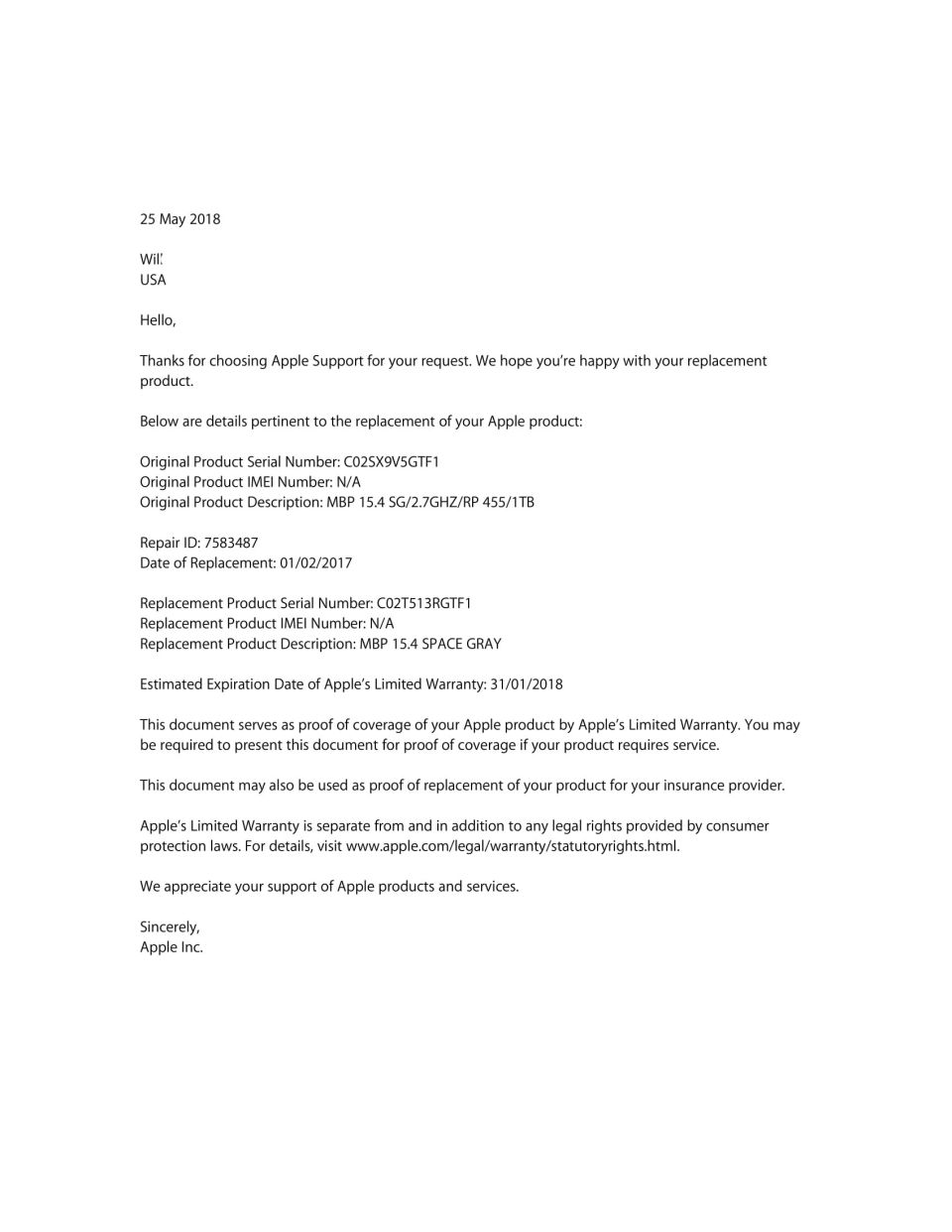 Apple Support replacement product confirmation document