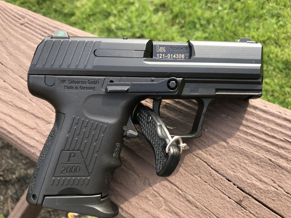 Black Heckler & Koch P2000 pistol with "P 2000" and "Made in Germany" markings.