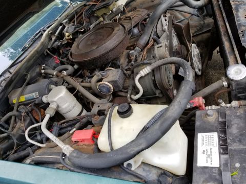 2001 Ford Crown Victoria - Photograph of an engine compartment with coolant tank and battery, not a technical document.