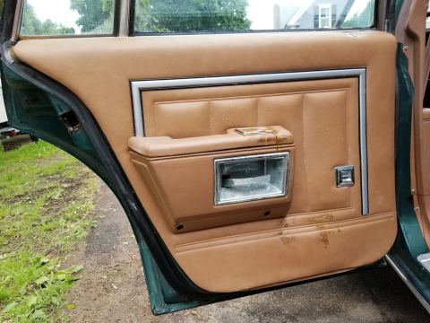 2001 Ford Crown Victoria - Close-up of a tan interior door panel, showing the pull handle and chrome accents.