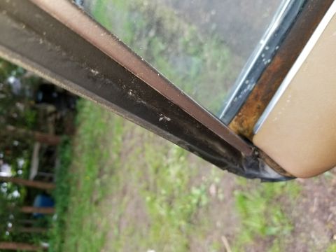 2001 Ford Crown Victoria - Detail of a car's door frame and window seal, showing signs of wear and rust.