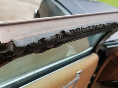 2001 Ford Crown Victoria - The rubber window seal on this car door is peeling and worn, showing signs of age.